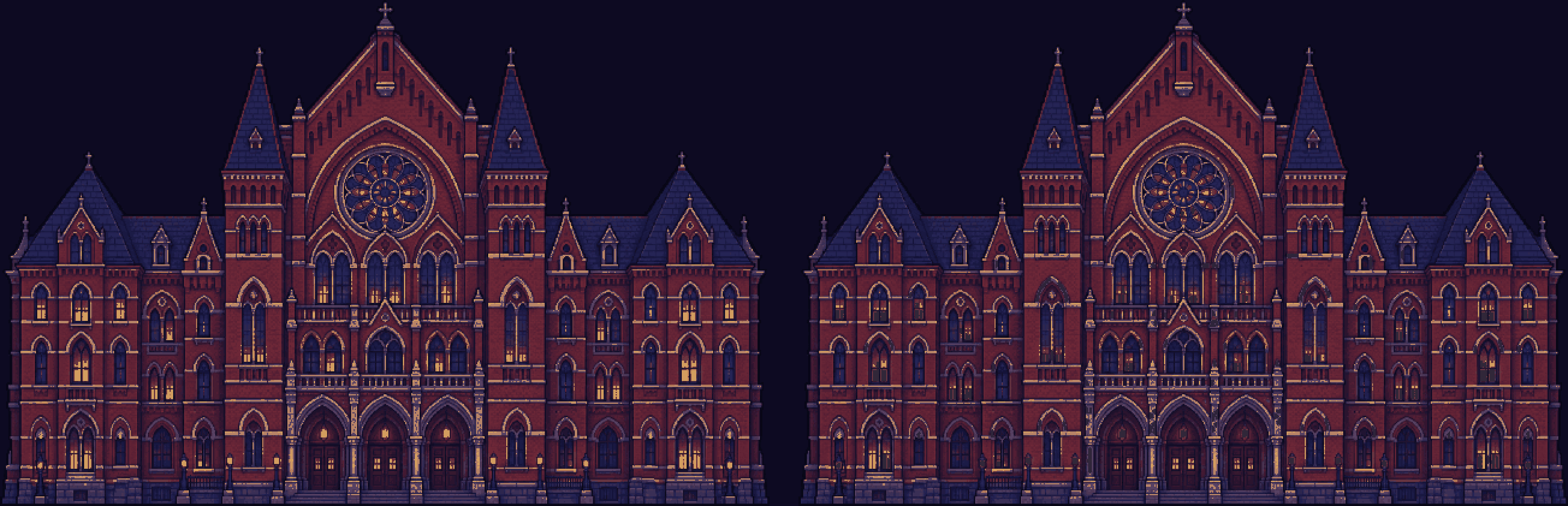 Music Hall with its windows lit, and with them switched off